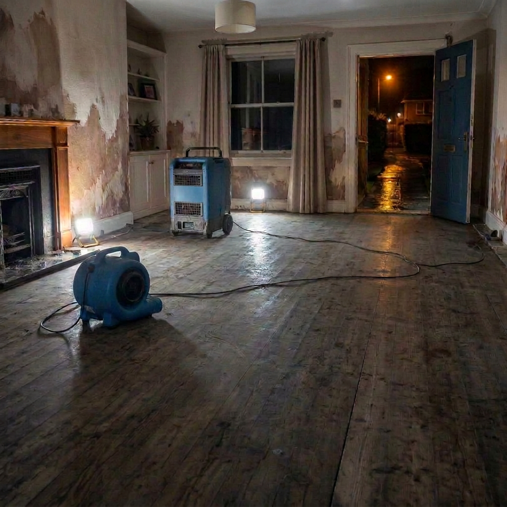 Flooded home interior at night with a dehumidifier and a single air mover running under warm emergency lighting